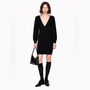 INWEAR -  Black Knit Sweater Dress Deep V-Neck Minimalist Scandinavian Style